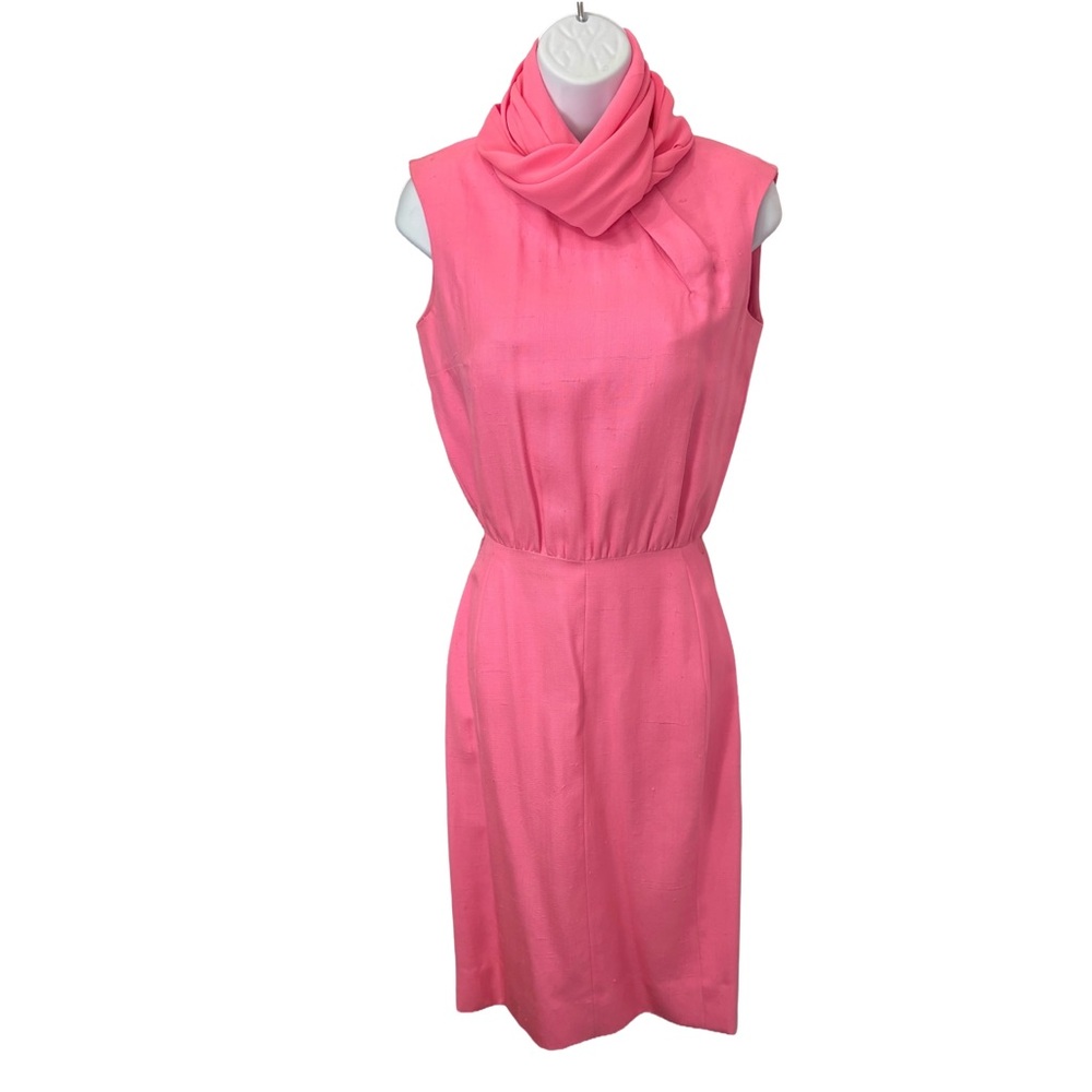 Elegant BH Wragge Sz 12 Raw Pink Silk Sleeveless Dress & Scarf Vintage 1962